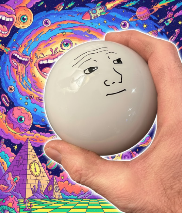 Large shift knob being held by a hand with some wacky AI generated nonsense in the background. There is a face on the shift knob.