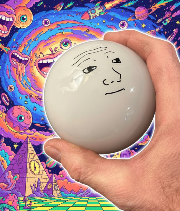 Large shift knob being held by a hand with some wacky AI generated nonsense in the background. There is a face on the shift knob.